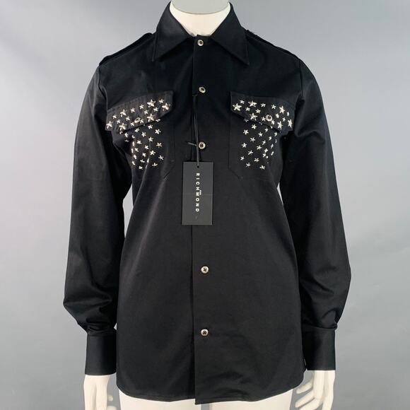 JOHN RICHMOND Size L Black Silver Cotton Blend Studded Stars Two Pockets Shirt - Picture 1 of 9